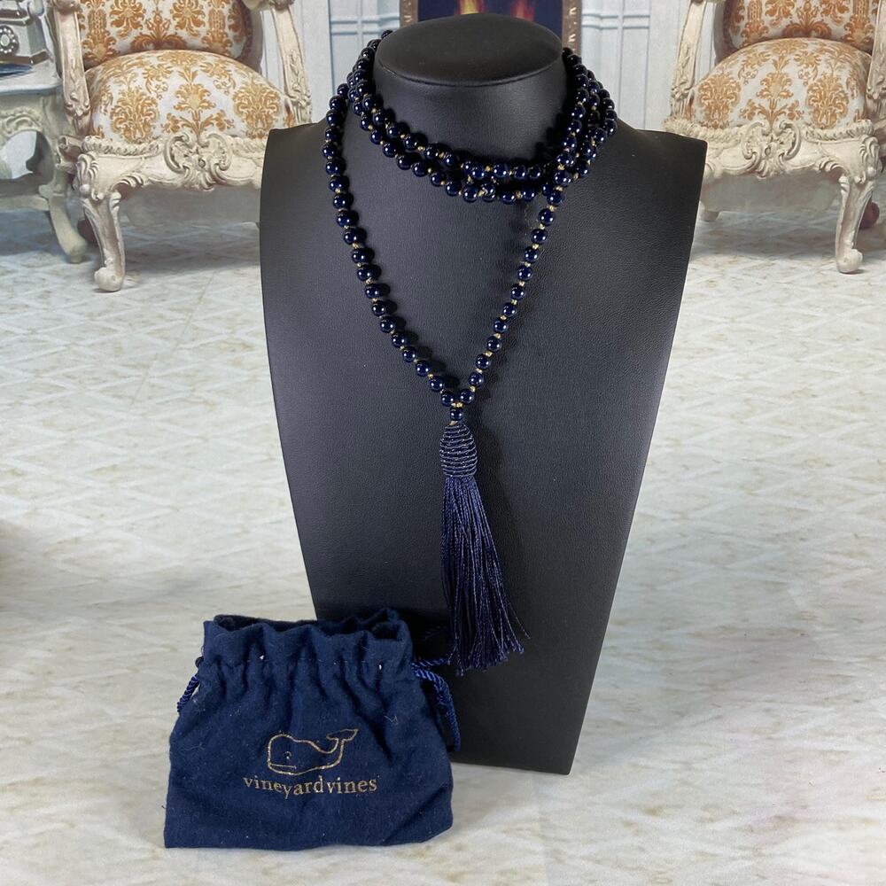 Vineyard Vines Deep Bay Beaded Tassel Necklace Navy Blue Gold Spacers Y2K NWT